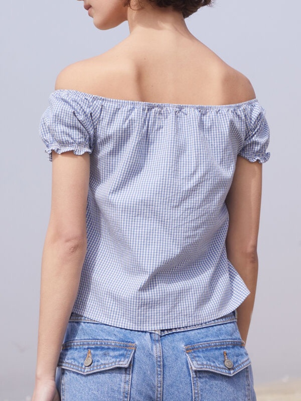 Brandy Melville John Galt Clarisse Blue & White Gingham Off the Shoulder Top OS - Picture 5 of 7